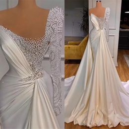 Orders 2022 Sexy Luxury White Mermaid Wedding Dresses Illusion Pearls Beadings One Shoulder Satin Long Sleeve Plus Size Bridal Gowns vestidos de novia