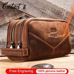 Vintage Cosmetic Bag Crazy Horse Genuine Leather Make Up Box Travel Tote Bag Cosmetics Pouch Bags For Man Double Zipper Design 210305