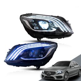 LED Dual Beam Lens Headlights For Mercedes-Benz 15-20 C-Class Fourth Generation W205 Blue DRL Turn Signal Lights