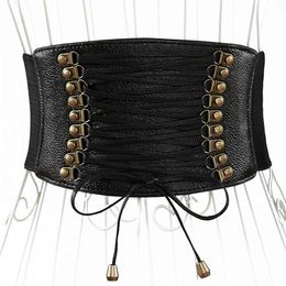 Belts Black Leather Front Lace Up Punk Gothic Elastic Waistband Vintage Wide Waist For Women Fashion Accessories 2022Cummerbund
