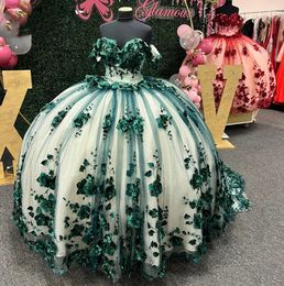 3D Floral Appliques Dark Green Quinceanera Dresses Luxury Flowers Ball Gown Prom Party Sweet 16 Dresses For Junior Off Shoulder Princess vestido de 15 anos