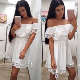 Fashion Women Elegant Vintage Sweet Lace White Dress Stylish Sexy Slash Neck Casual Slim Beach Summer Sundress Female vestidos 226014