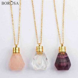 Fluorite Natural Perfume Bottle Necklace in Gold Crystal Pink Quartz Essential Oil Diffuser Pendant Charm for Women G1979287i