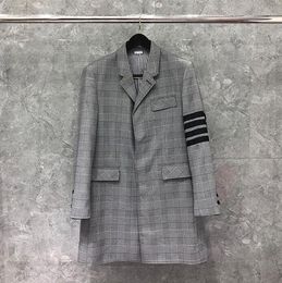 Men's Trench Coats Winter Windbreaker Man Grey Grid Autumn Men's Long Coat Turn Down Collar Casual Men Slim Jacket Plaid SuitMen's