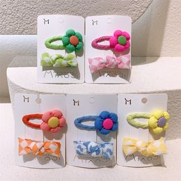 2 Pcs New Fashion Sweet Girl Princess Colorful Button Flower BB Clip Children's Cute Plaid Fabric Bow Hairpin Hair Accessories