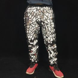 Men's Glitter Silver Laser Mirror Casual Pants Hip Hop Dancer Stage Performance Shiny Loose Sequins Trousers Bar Singer Elastic Harem Pants Dance Costume