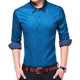 Fashion Business Plaid Shirt Men Long Sleeve Turn Down Collar LettersStripes Print Buttons Shirt Top Casual Shirts Small size 220726