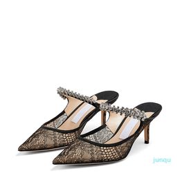 2022-Luxury Womens Summer London Pumps Sandals Elegant Pointed Toes Slingback Ankle Strap Crystal Embellished Grid Designer Sexy Lady