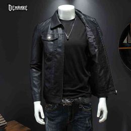 DEMANKE Spring Autumn 2022 New Mens Leather Jackets Slim Fit Male Fashion Jackets Faux Windproof Warm Coats Man Brand Clothing Y220803