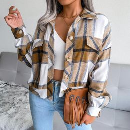 Women's Jackets Plaid Shirt Jacket Womens Crop Flannel Coat Long Sleeve Button Down Casual Shacket Short Loose Brushed Outwear Top WomenWome