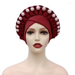 Beanie/Skull Caps African Design Auto Gele Headtie Double Colorsturban With Beads Women Cap For Hats Nigerian Turban SellBeanie/Skull Chur22