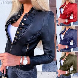 2022 Spring Oversized Women's New Slim Leather Jacket Button Leisure Motorcycle Imitation Zipper Pocket Thin PU Short Jack L220801