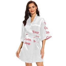 Fashion Custom Women Wrap Dress Sexy V Neck Short Sleeve Bathrobe Satin Robe Casual Loose Home Wear Pajamas Lounge Sleepshirt 220621