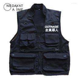 Men's Vests Men Coat Sleeveless Jacket Casual Chinese Character Vest High Street Pockets Cargo Waistcoat Zipper Military Guin22