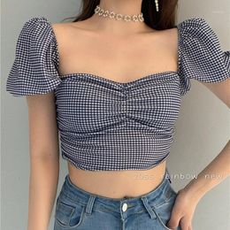 Women's T-Shirt Korean Plaid Square Neck Chiffon T Shirt Tops Puff Sleeve Slim Navel Short Crop Top
