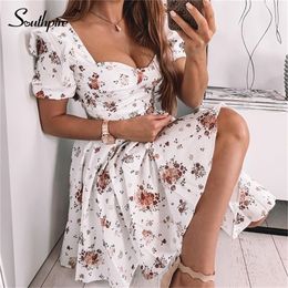 Southpire Bohe Flower Print White Dress Women 's Short Puff Sleeve Zipper Mini Sundress Elegant Summer Dress Ladies Clothing 220406