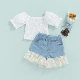 Clothing Sets Girls Two-piece Pants Suit White Square Collar Short Sleeve Tops And Denim Shorts With Daisy Print Yarn Hem SetClothing