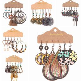 Dangle & Chandelier 3pair/set Combination Set Earrings For Women Bohemian Vintage Ethnic Handmade Winding Rice Bead Wood Tassel EarringsDang