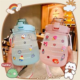 Cute Girl with Sticker Straw Pot Belly Cup 1300ml Sports Bottles Children's Female Water Bottle with Strap AA