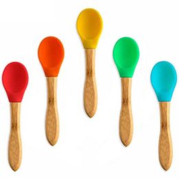 Baby Spoon Silicone Tableware Infant Auxiliary Dinnerware Boys Wooden Handle Kids Training Spoons Household Kitchen Accessories