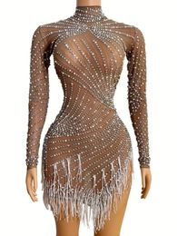 Casual Dresses Rhinestones Pearls White Fringe High Neck Mesh Dress Bar Birthday Celebrate Women Dance Outfit