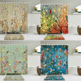 Chinese style Flower Birds Bathroom Decor Shower Curtains Set Toilet Non-Slip Bath Mat Rug Sets Waterproof Bath Curtains 220517