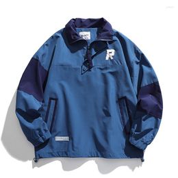 Men's Jackets Men Patch Design Bomber Fall Blue Colour Matching Loose Casual Pullover Jacket Male Hip Hop Harajuku Retro Sport OutwearMen's