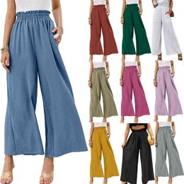 2022 spring and summer new cotton linen women's wear solid Colour high waist loose casual wide leg pants