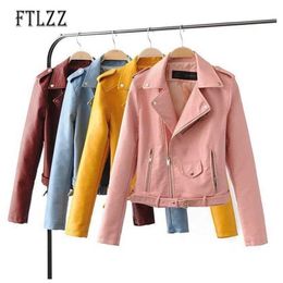Women Fashion Short Leather Jacket Autumn Ladies Turn Down Collar Zippe Motorcycle Pu Faux Leahter Outerwear 210525