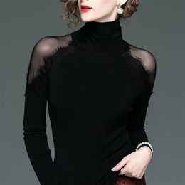 Women Spring Autumn Style Lace Blouses Shirts Lady Casual Turtleneck Off Shoulder Lace Blusas Tops DF3132 210326
