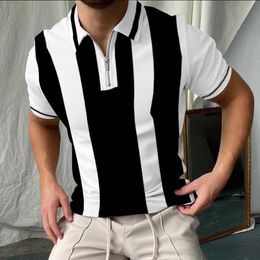 Men's Polos Men Street Shirt 2022 Summer Chic Strip Plaid Casual Patchwork Lapel Zipper Design Oversize Short SleeveMen's Men'sMen's