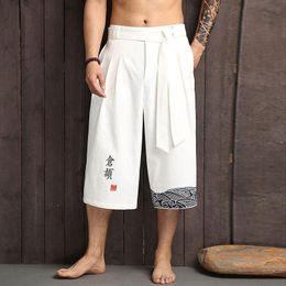 Мужские брюки # 8011 Летние винтажные широкие мужские брюки Белый Черный Синий Свободная вышивка Длиной до икры Прямые Японская уличная одежда Хип-хопМужские
