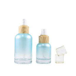 Empty Glass Bottle Round Shoulder False Wooden Collar White Pump Screw Lid Toner Clear Blue Bottle Portable Refillable Cosmetic Packing Container 40ml 100ml 120ml