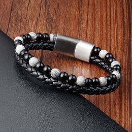 New Arrival Agate Beads Strands Black Leather Bracelets for Men Gift