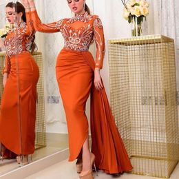 Aso Ebi Arabic Orange Sexy Evening Beaded Crystals Backless Prom Dresses High Neck Formal Party Second Reception Gown