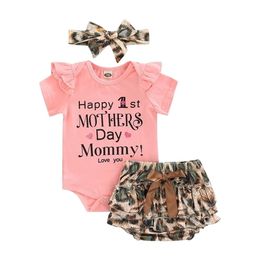 0225 Lioraitiin 024M Baby Girls Mother Day Tops and Shorts Set Fashion Letter Short Sleeve Romper Leopard Short Pants 220602