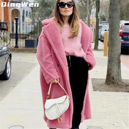 Qingwen Winter Clothing Women Thick Warm Oversized Long Lamb Fur Coat Pink Teddy Bear Coat Outerwear Jacket 2021 Parka L220725