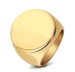 big size gold rings UK - Simple Style Round Big Width Signet Mens Ring Titanium Steel Finger Silver Gold Men Jewelry Size 7-12