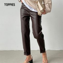 Toppies Winter Faux Leather Pants High Waist Straight Ladies Chic Fleece Trousers Fashion Streetwear 220325