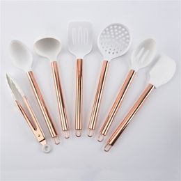7 Piece Set White Silicone and Copper Cooking Utensils for Modern Cooking and Serving Stainless Steel Copper Serving Utensils 210326
