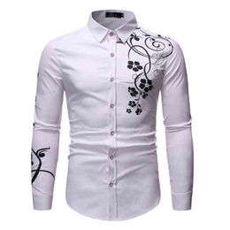 White Mens Dress Shirts 2022 Fashion Flower Floral Print Button Down Shirt Men Slim Fit Long Sleeve Camisa Social Masculina XL L220704