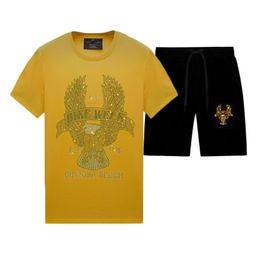Men's Tracksuits Rhinestone Tracksuit Men Women Two Piece Set For Summer Casual - Yellow Short-Sleeved T Shirts And Black ShortsMen's