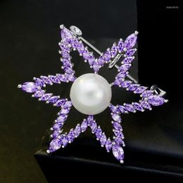 Pins Brooches Fashion Sparkling Purple Stones Cubic Zirconia Star Brooch With Imitation Pearl High Quality Metal Lapel Jewellery Seau22