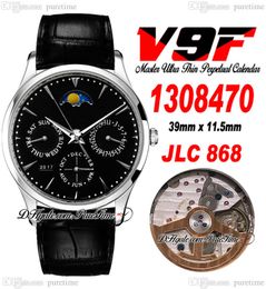 V9F Master Ultra Thin Perpetual Calendar A868 Automatic Mens Watch Q1308470 Steel Case Black Dial Moon Phase Leather Strap Watches Super Edition Puretime A1