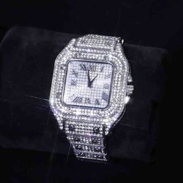 Hip Hop Iced Out Men Watch Square Diamond Quartz Luxury Mens Wrist Watch Gold Roman Calendar Steel Clock Relogio Masculino