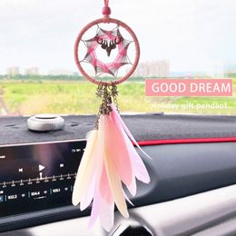 Interior Decorations Mini 38cm Vintage Dream Catcher Car Pendant Wind Bell Sen Handmade Girl Pink Holiday Decoration Birthday Gift Feather H