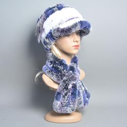 Berets 2022 Knitted Real Rex Fur Hat Scarf Women Winter Cap Scarves Sets Natural Warm Muffler Hats