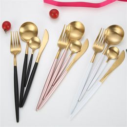 Gold Silverware Cutlery Set Flatware 4 Pieces Fork Knife and Spoon Set with Black White Pink Handle