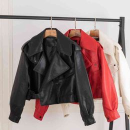 New Spring Women Faux Leather Jacket Turndown Collar PU Motorcycle Jackets Loose Streetwear Outerwear Black Red White Coat L220728