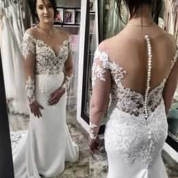 2022 Illusion Top Mermaid Wedding Dresses Bridal Gown Lace Applique Scoop Neck Beaded Long Sleeves Sweep Train Satin Tulle Custom Made Plus Size Beach Illusion Back